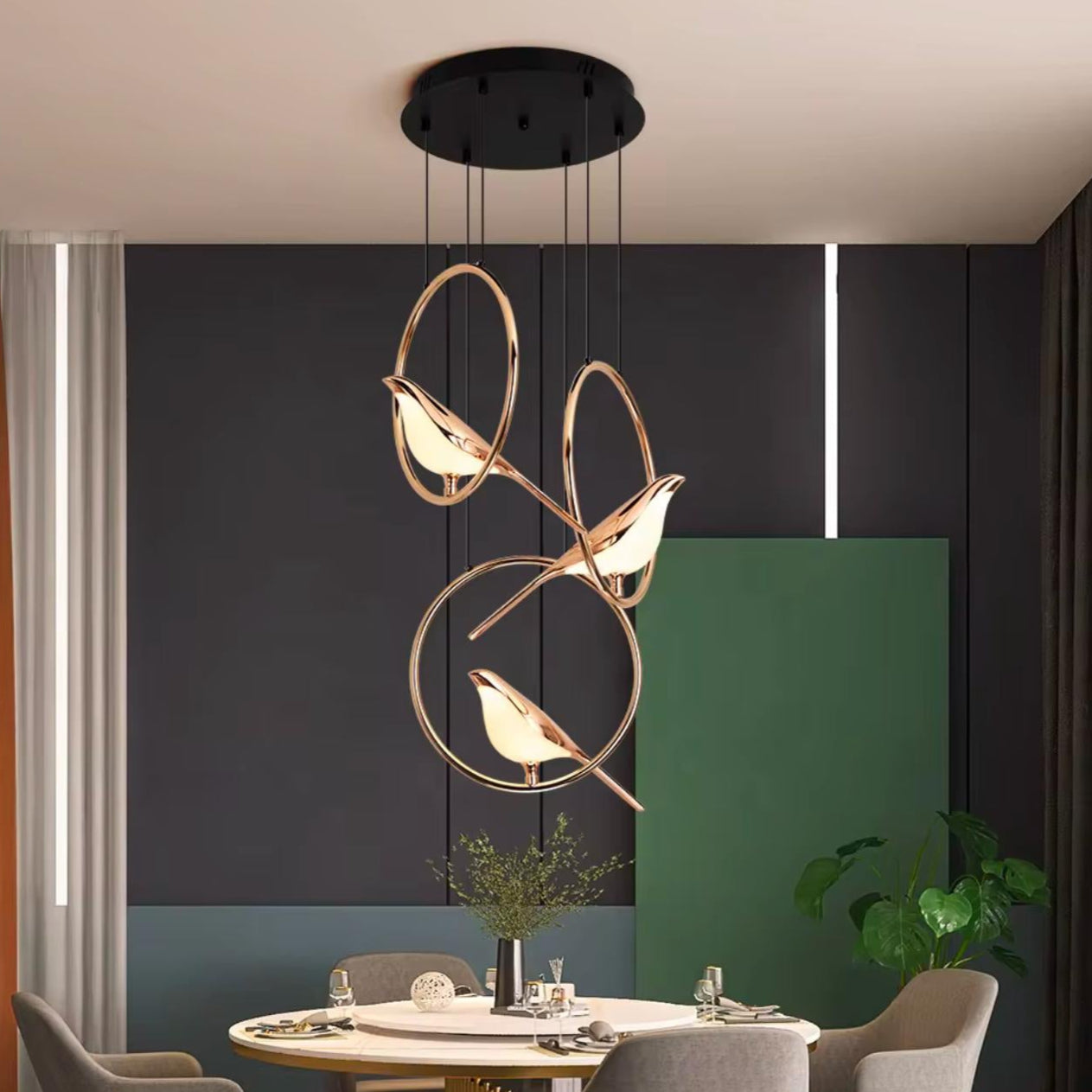 Modern Gold Rings with Triple Birds Chandelier