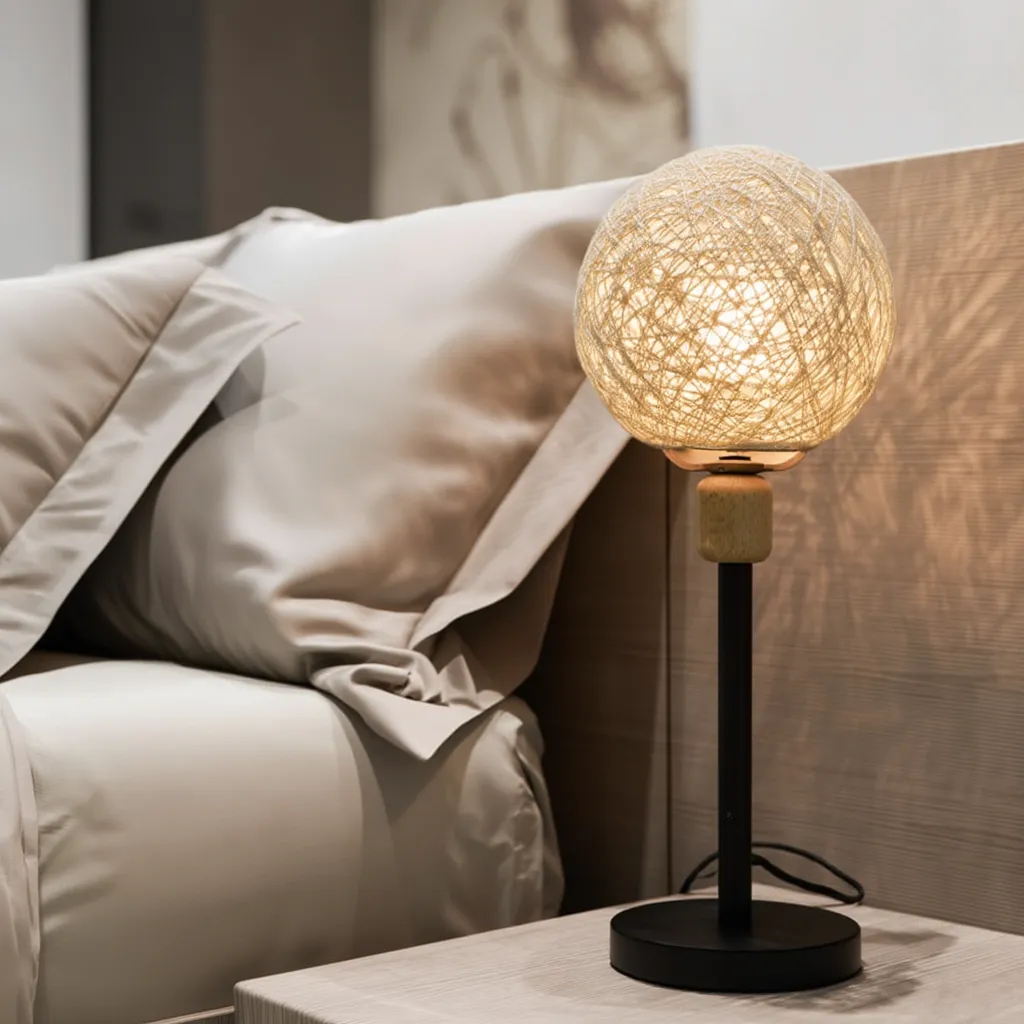 Table Lamp With A Woven Globe Shade