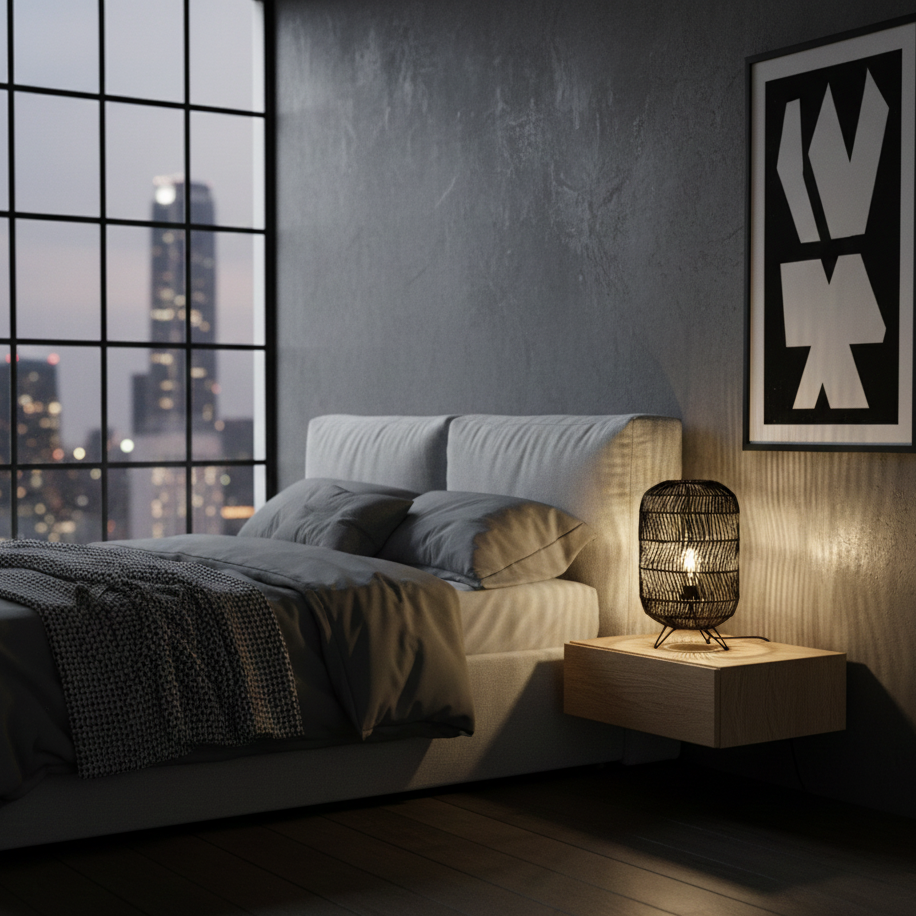 Oval Black Rattan Table Lamp