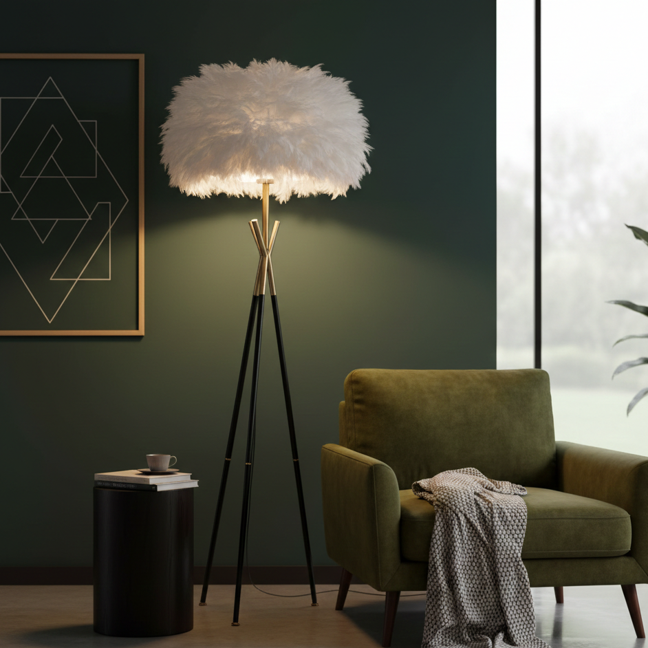 Tripod Floor Lamp with a Feather Shade