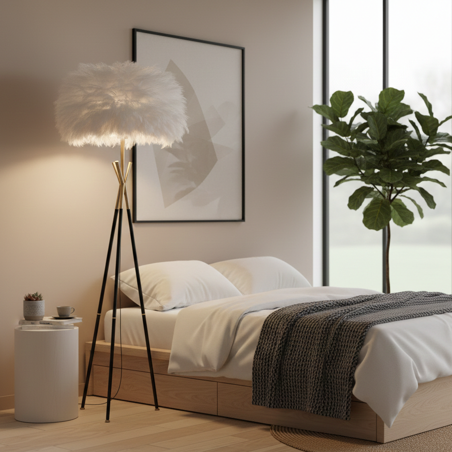 Tripod Floor Lamp with a Feather Shade
