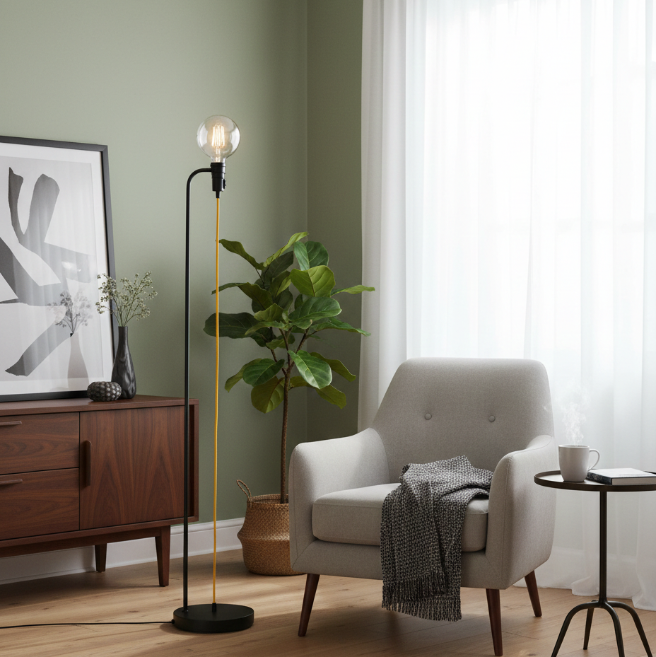 Modern Matt Black with Yellow Fabric Cable Floor Lamp