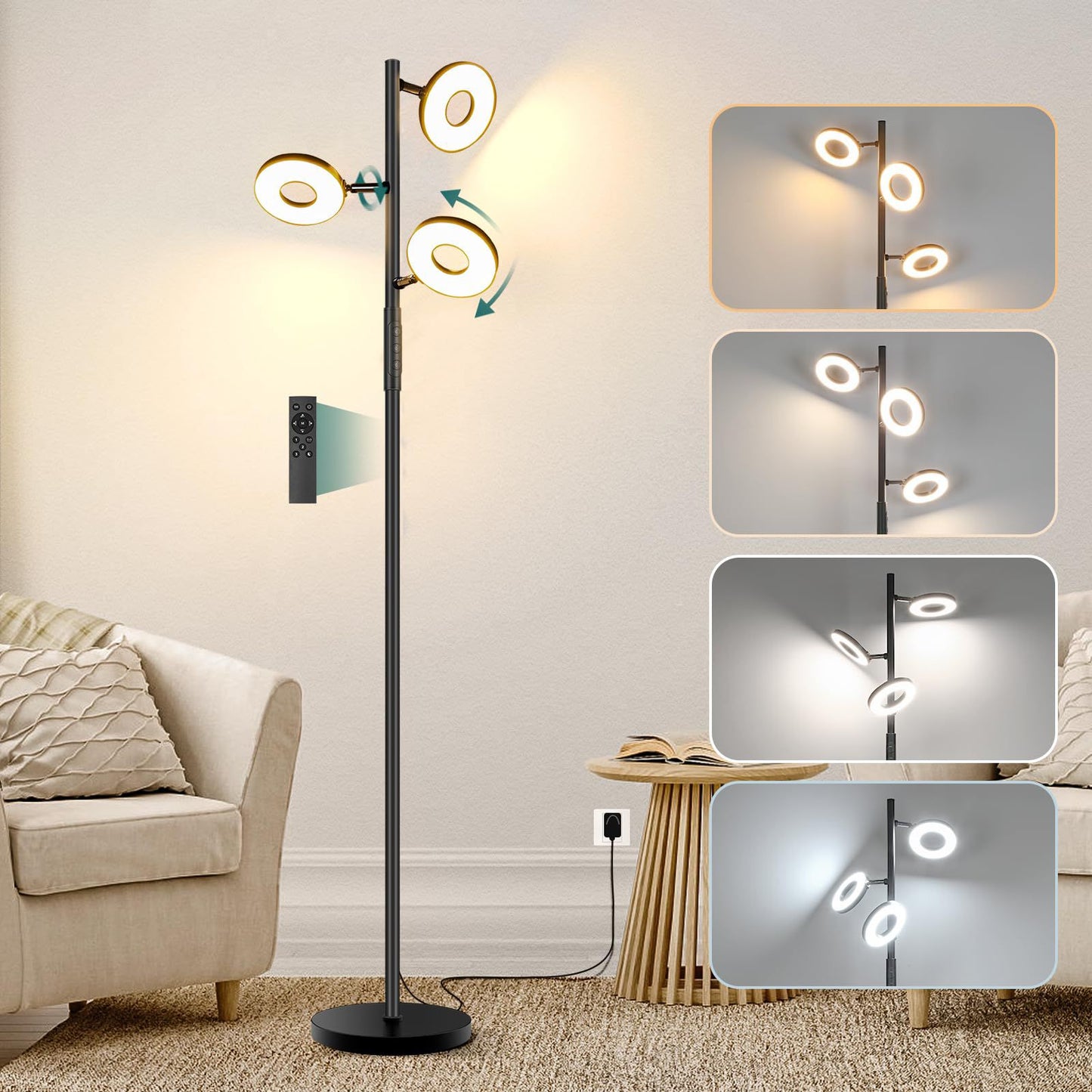 Infinitely Dimmable Color-Adjustable Ring-Shaped Tree Floor Lamp