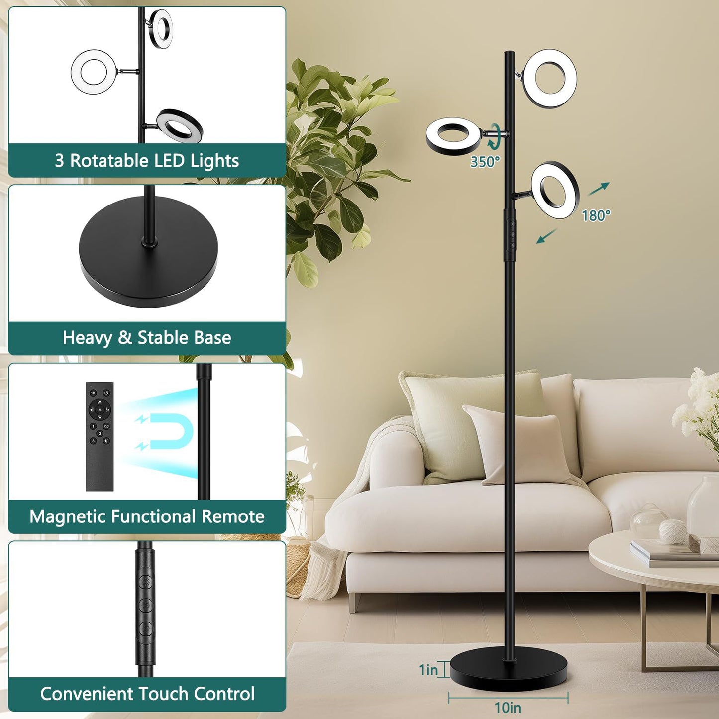 Infinitely Dimmable Color-Adjustable Ring-Shaped Tree Floor Lamp