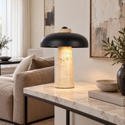 Modern Travertine Black Dome Shade Table Lamp