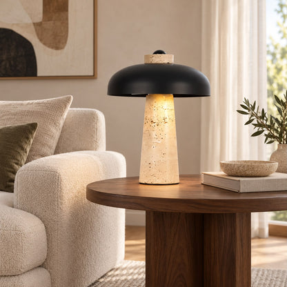 Modern Travertine Black Dome Shade Table Lamp