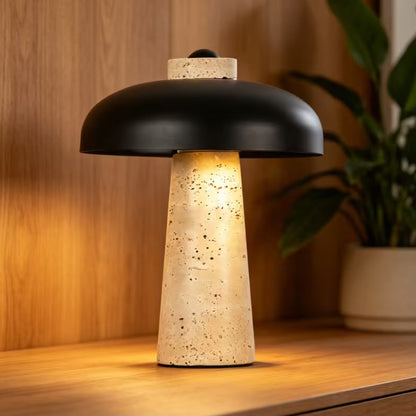 Modern Travertine Black Dome Shade Table Lamp