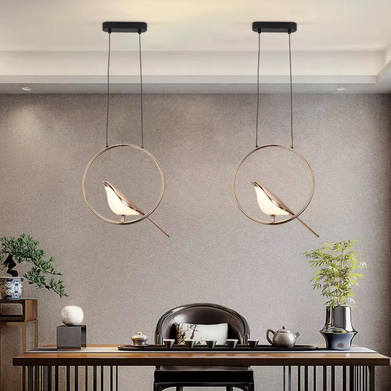 Artstic Ring With Golden Led Bird Pendant Light