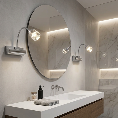 Chrome Mirror Light With  Flexible Gooseneck and Crystal Clear Lens Wall Lamp