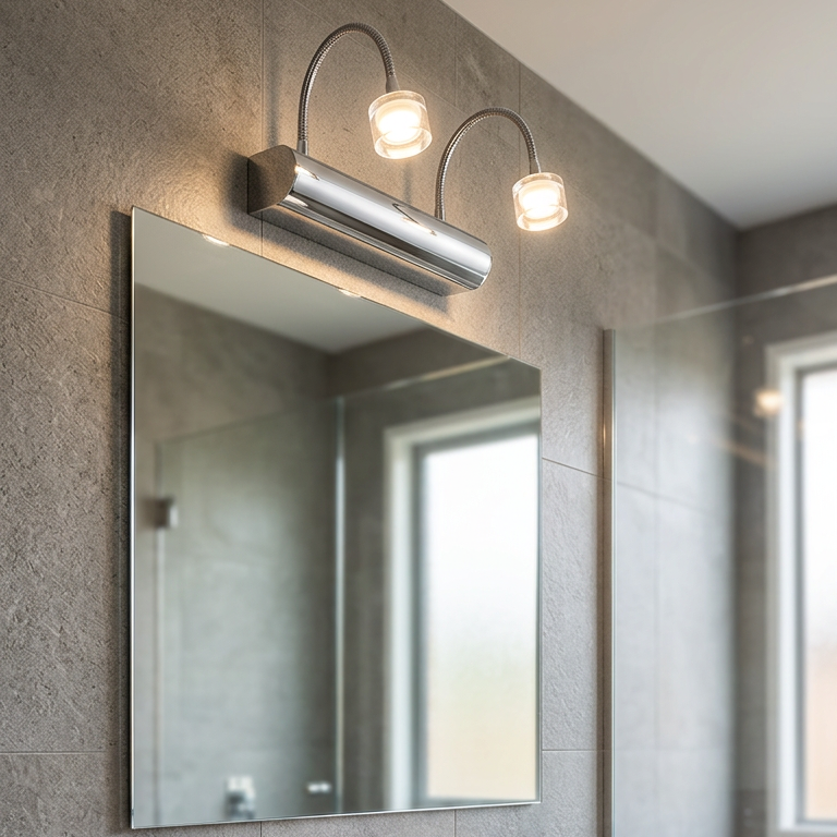 Chrome Mirror Light With  Flexible Gooseneck and Crystal Clear Lens Wall Lamp